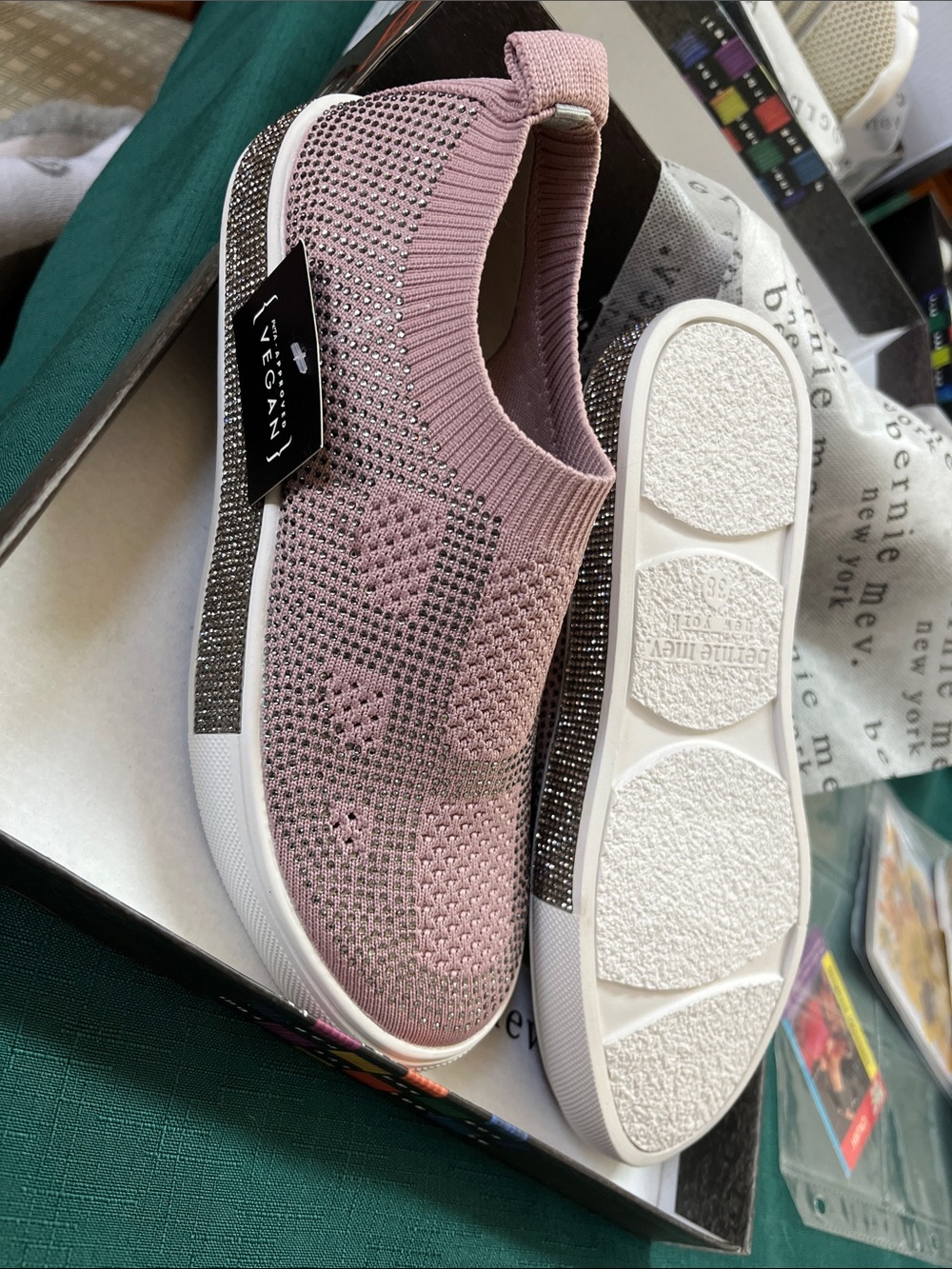 Bernie Me Rose Pink Knit Slip-On Sneaker with Rhinestone Trim